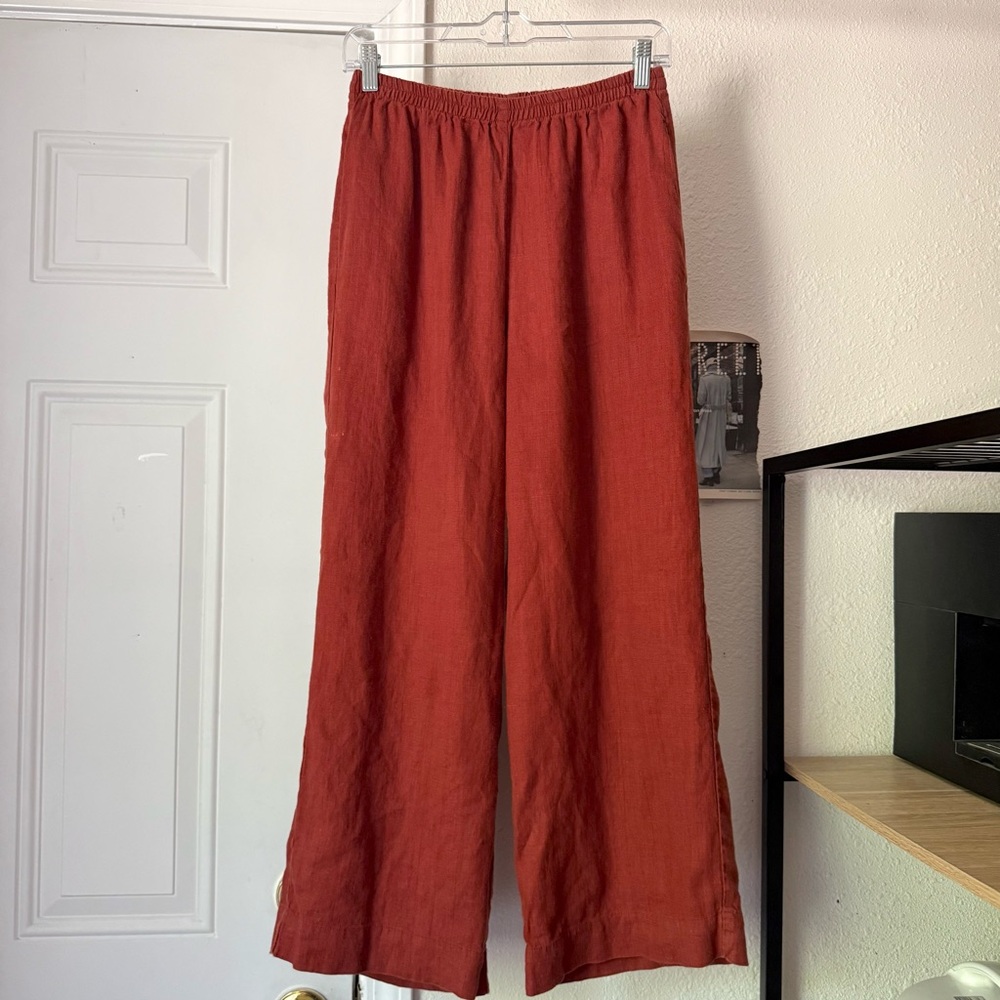 SUGAR CANDY MOUNTAIN rust linen wide straight leg elastic pull on pants